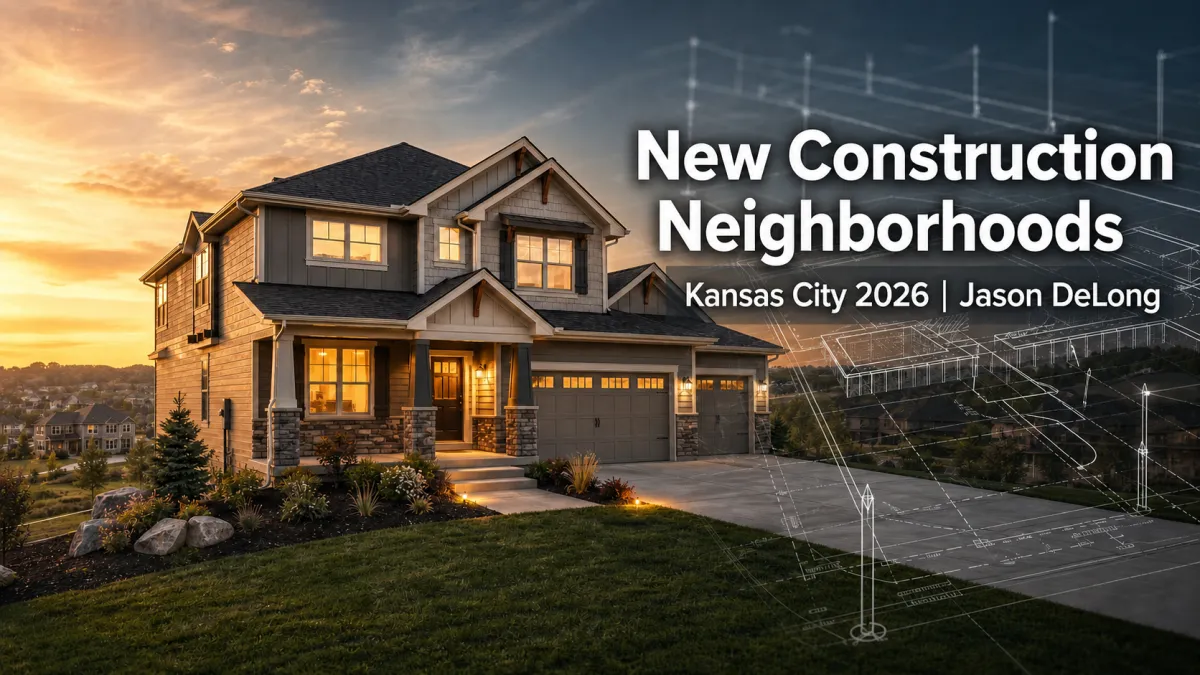 Modern Kansas City new construction home with blueprint overlay and headline reading New Construction Neighborhoods Kansas City 2026 by Jason DeLong.