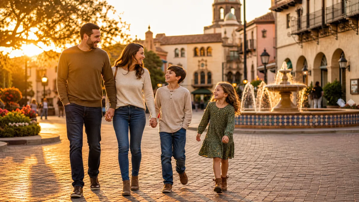 Golden-hour Country Club Plaza scene in Kansas City with a family walking past Spanish Revival architecture, cobblestone streets, red-tile rooftops, and an ornate fountain.