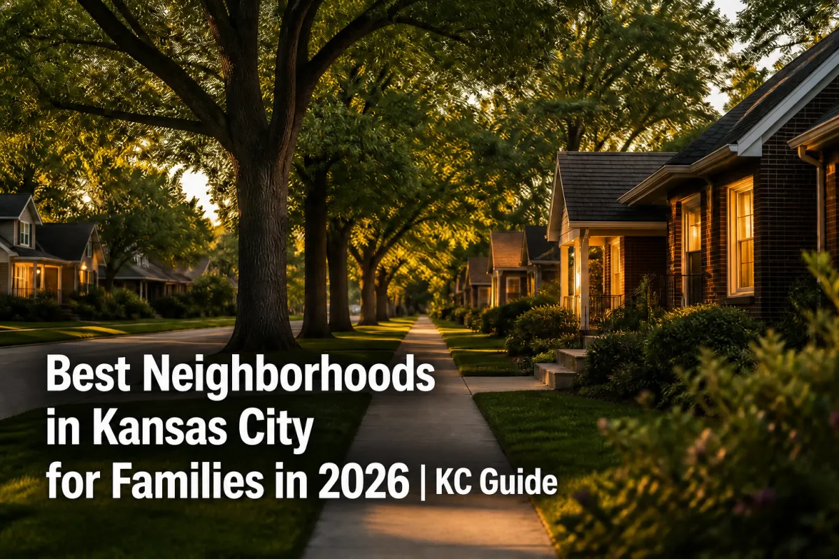 Tree-lined Kansas City neighborhood street at golden hour with headline text for a 2026 family neighborhood guide.