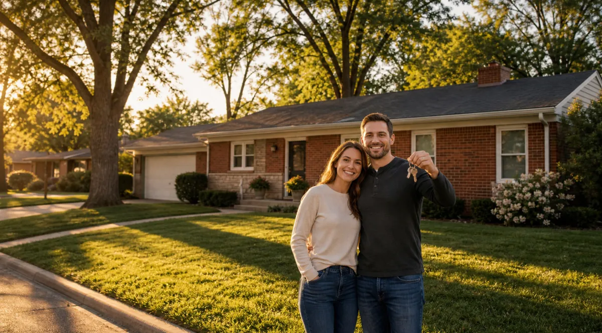 First-time home buyer couple holding house keys in front of a Midwest brick ranch home in a Kansas City suburban neighborhood at golden hour.