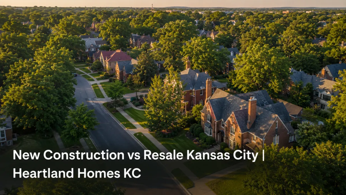 Aerial view of an established Kansas City neighborhood with mature trees and brick homes for a new construction versus resale market guide.