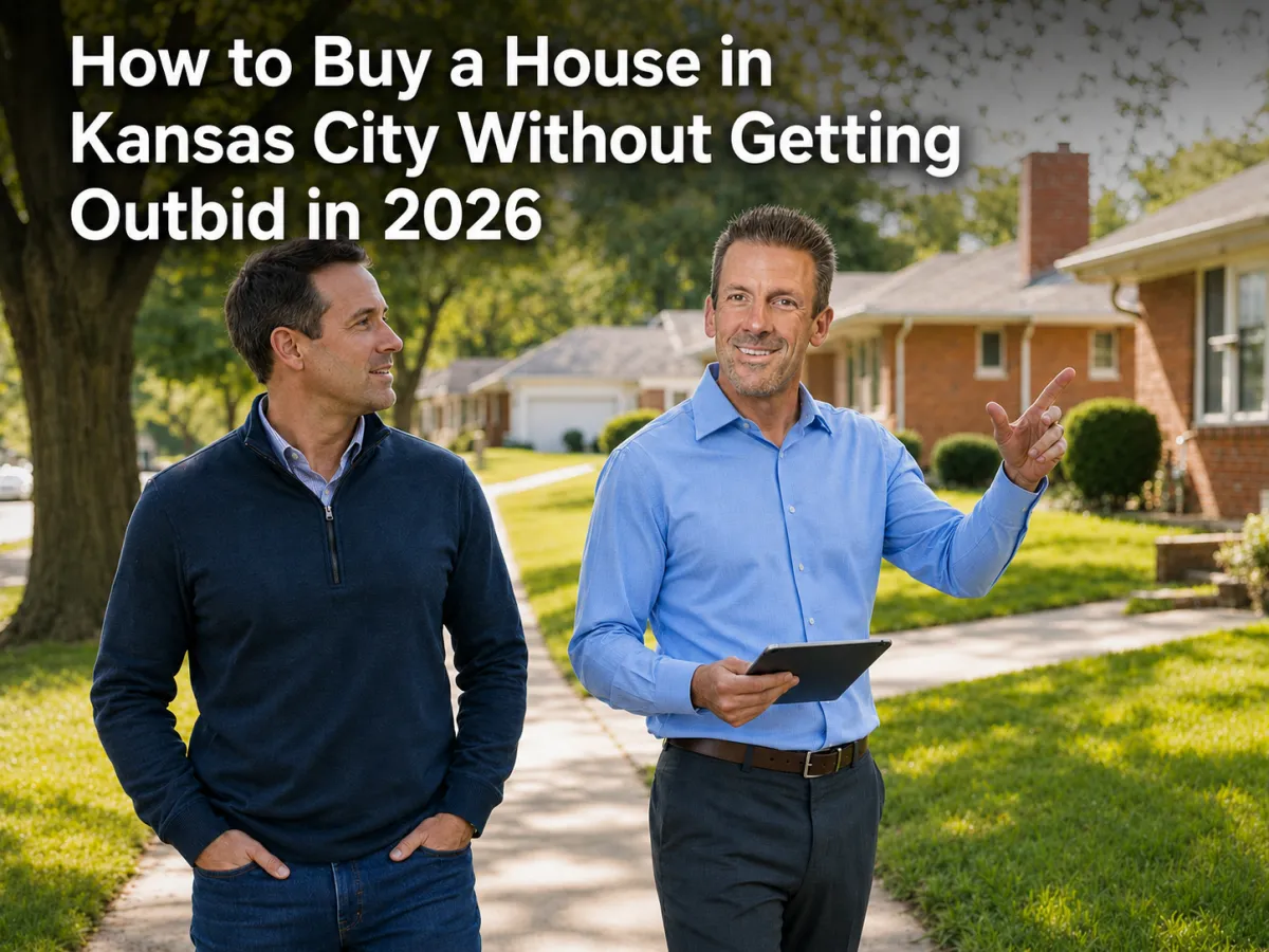 Kansas City real estate agent walking with a buyer through a Northland neighborhood, with headline about buying a home without getting outbid in 2026.