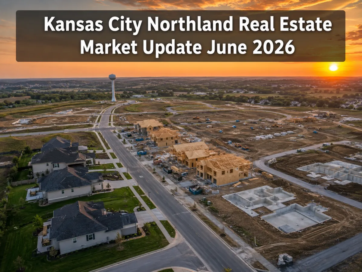 Aerial view of Kansas City Northland new construction subdivision at golden hour with homes under construction, paved streets, open land, water tower, and June 2026 market update headline.