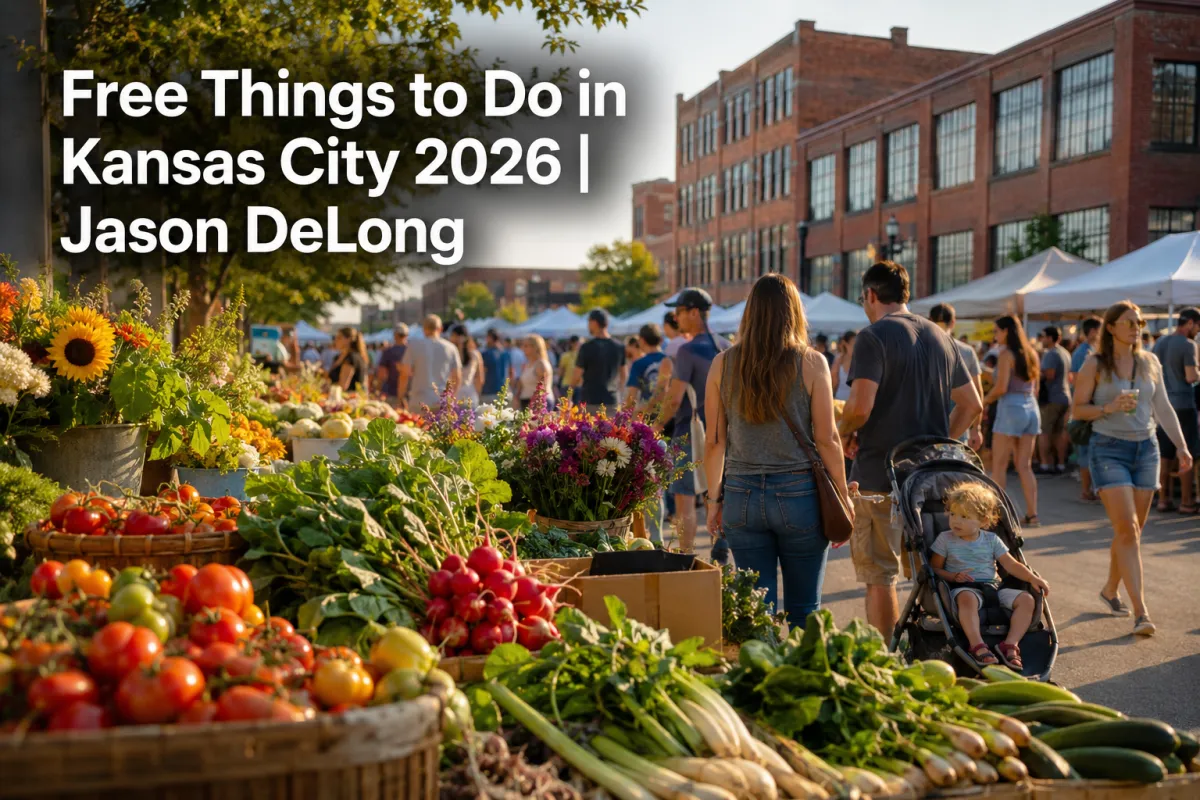 Kansas City farmers market with fresh produce, flowers, families, brick warehouse buildings, and headline for free things to do in Kansas City 2026.