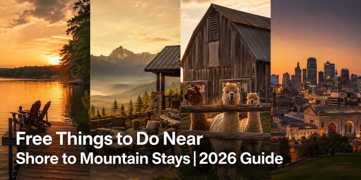 Four-panel Shore to Mountain Stays travel image showing Lake of the Ozarks, Colorado mountains, Missouri farm stay, Kansas City skyline, and 2026 guide headline.