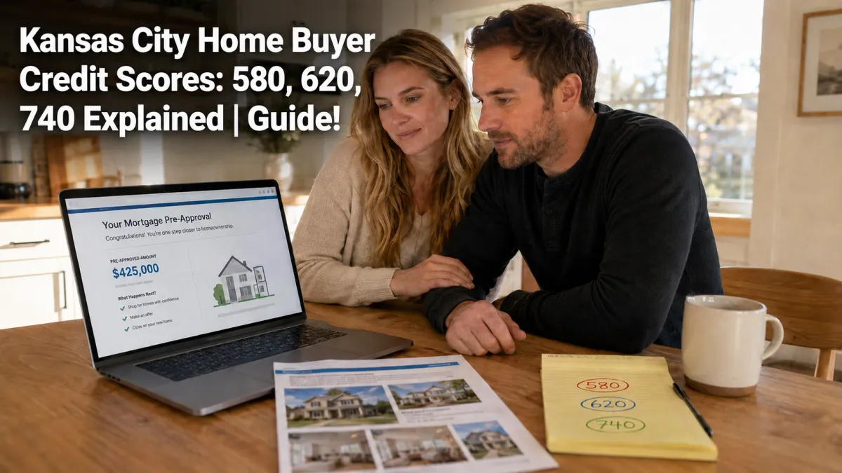 Kansas City home buyer credit score guide showing a couple reviewing mortgage pre-approval, a real estate listing, and 580, 620, and 740 credit score notes.