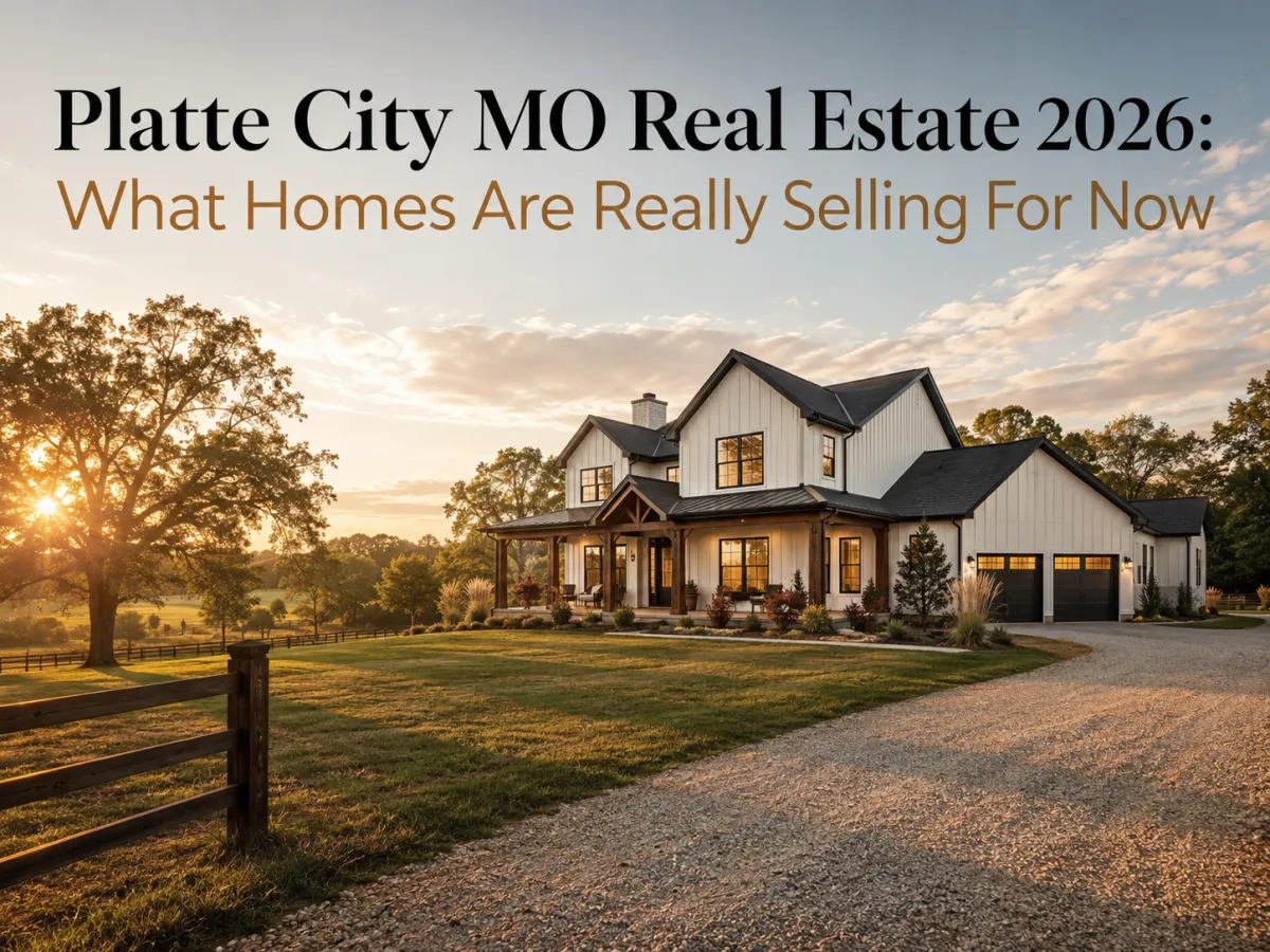Modern farmhouse-style home on rural Platte City Missouri property at golden hour with headline about 2026 home values and what local homes are really selling for now.