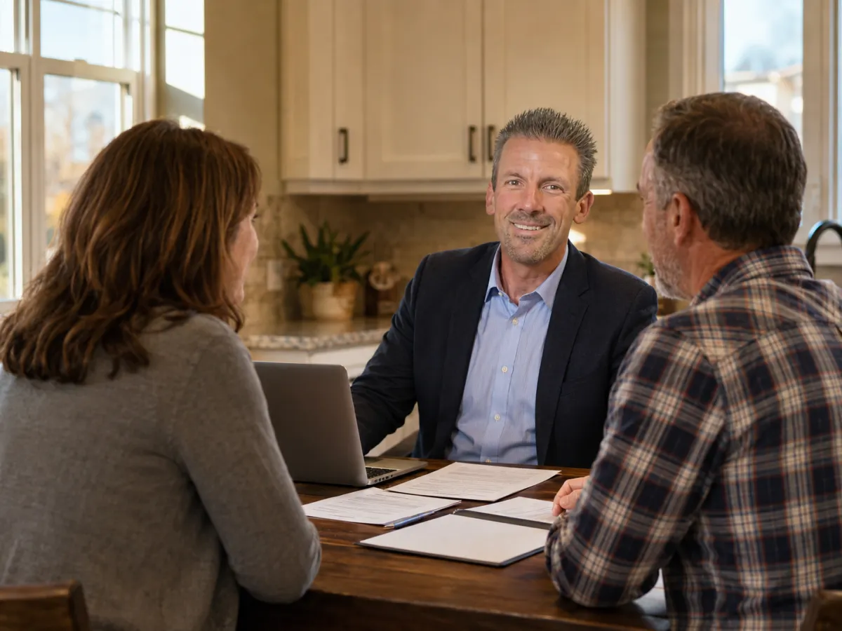Kansas City real estate professional meeting with a couple in a warm suburban kitchen to review documents and discuss a calm, productive home sale strategy.