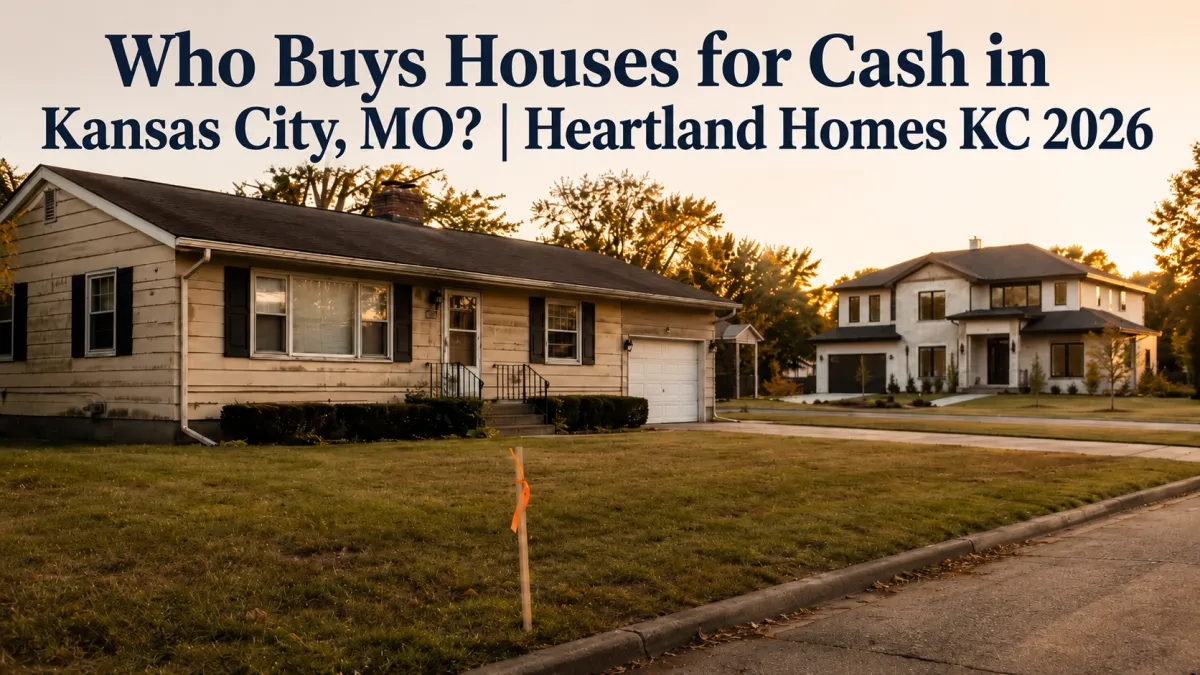 Older Kansas City ranch home on a wide lot with new construction nearby and headline text about who buys houses for cash in Kansas City, MO.