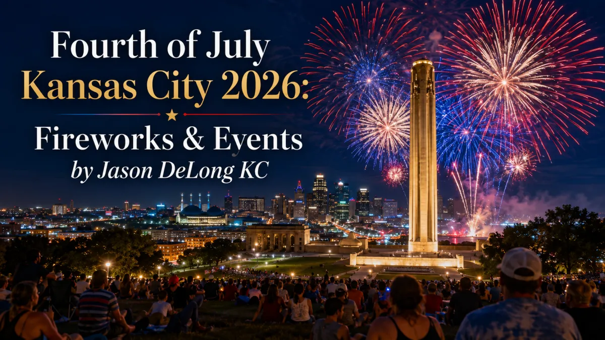 Fourth of July Kansas City 2026 fireworks over Liberty Memorial with skyline, Penn Valley Park crowd, and patriotic event headline.