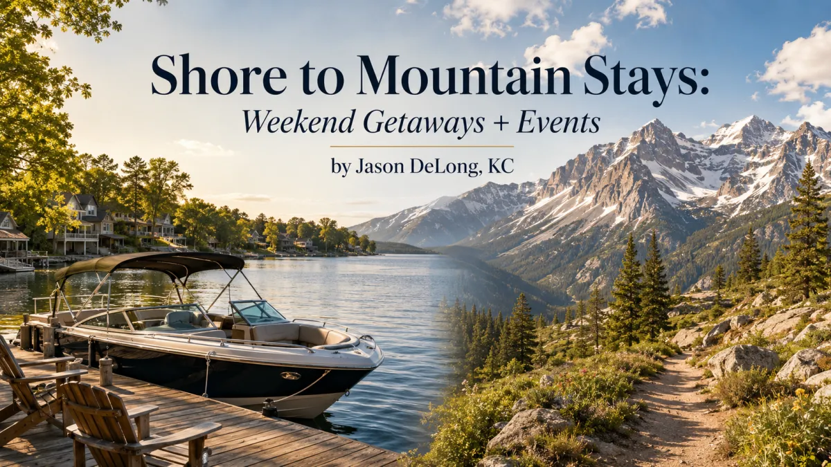 Shore to Mountain Stays travel banner with Lake of the Ozarks dock, boat, Colorado mountain peaks, and weekend getaway headline.