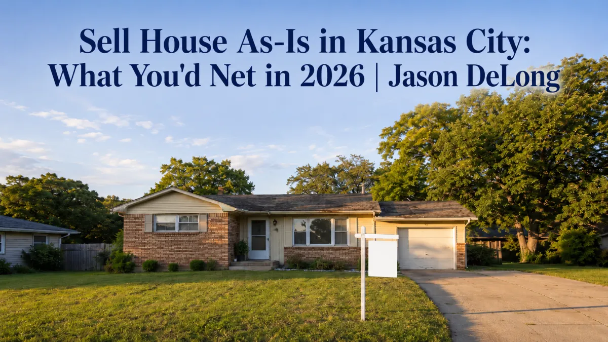 Kansas City as-is home sale banner showing a dated brick ranch house with headline about seller net proceeds in 2026.