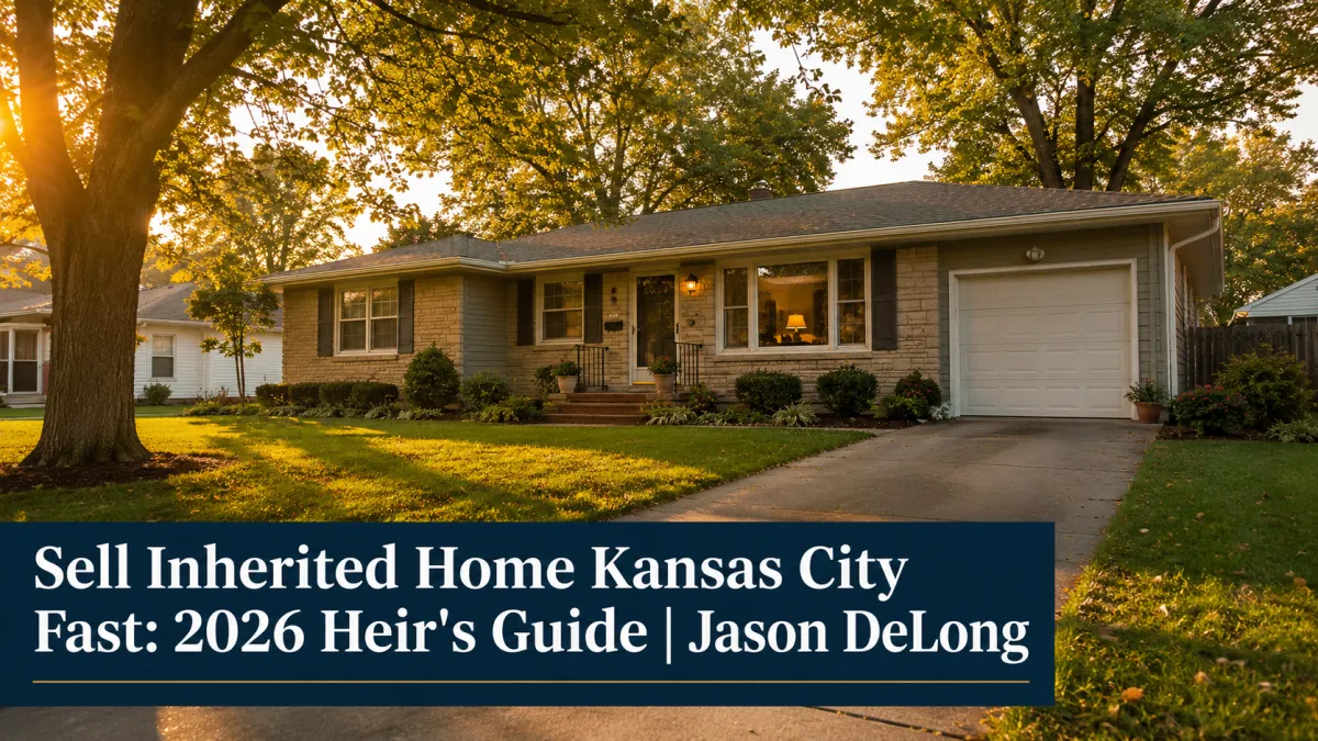 Modest Kansas City ranch home at golden hour with headline overlay for a 2026 inherited home selling guide by Jason DeLong.
