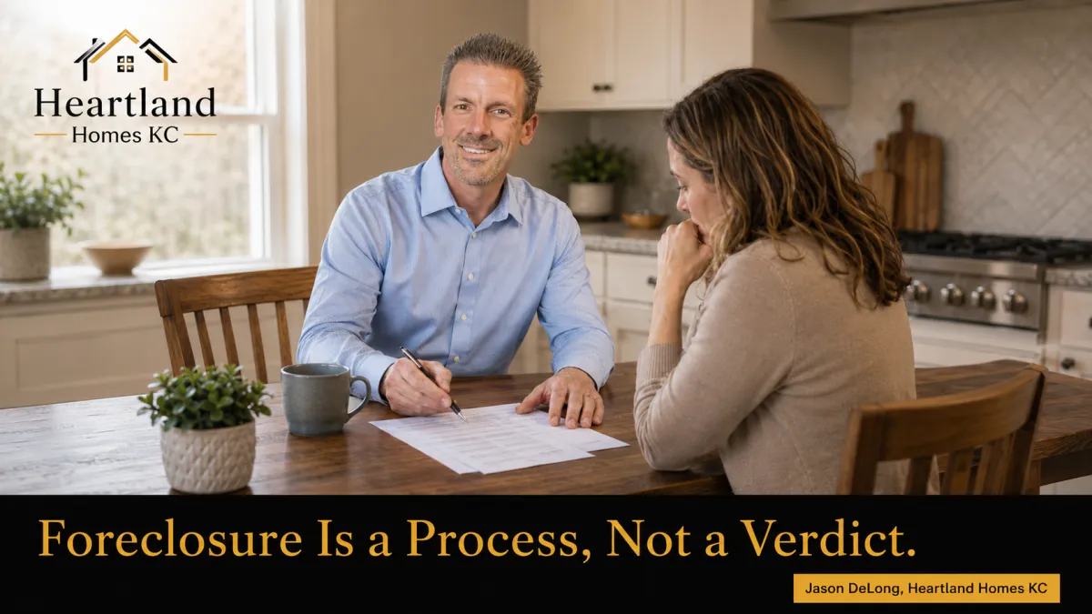 Kansas City homeowner reviews foreclosure paperwork with Jason DeLong of Heartland Homes KC at a kitchen table, with headline reading “Foreclosure Is a Process, Not a Verdict.