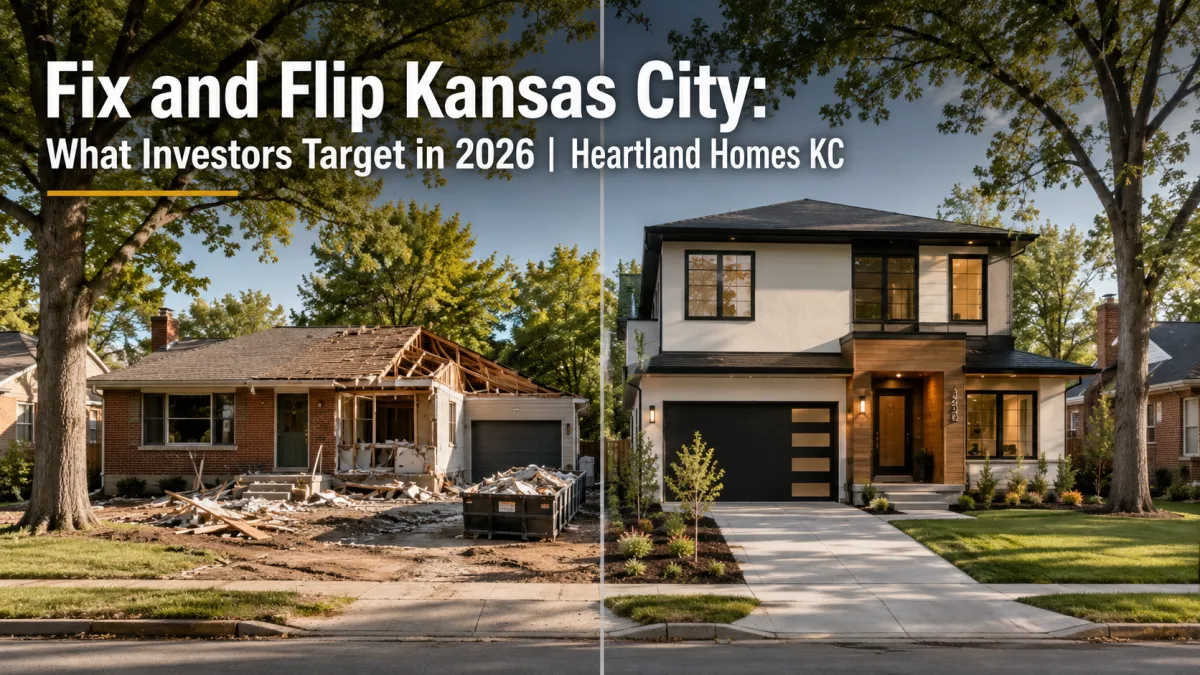 Split-image of a Kansas City residential lot showing a worn 1950s brick ranch mid-demolition on the left and a completed modern two-story infill home on the right, with headline overlay about fix-and-flip investment targets in 2026 by Heartland Homes KC.