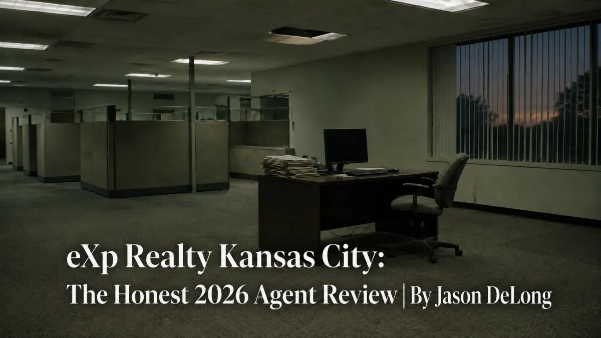 Empty, dated Kansas City real estate brokerage office after hours with vacant cubicles and the headline “eXp Realty Kansas City: The Honest 2026 Agent Review | By Jason DeLong.”