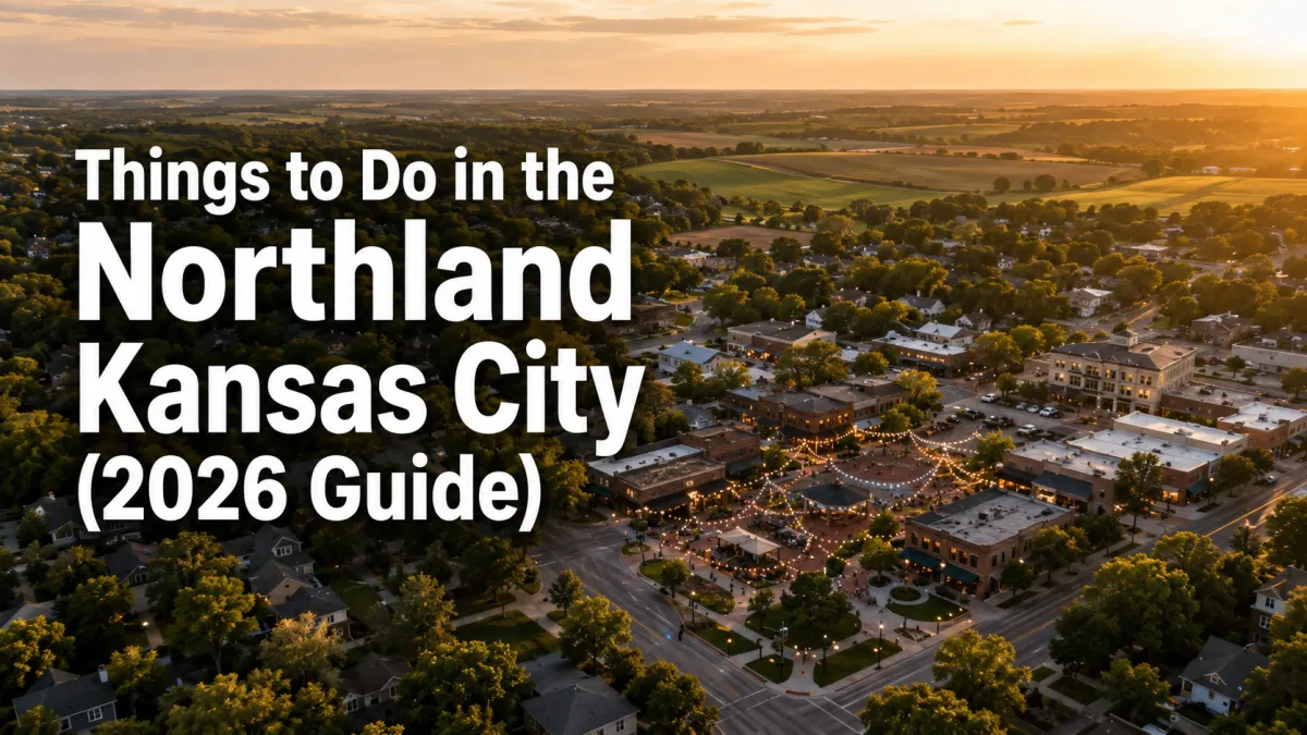 Aerial view of Kansas City’s Northland at golden hour, featuring tree-lined neighborhoods, a lively town center with string lights, and surrounding farmland, with the headline “Things to Do in the Northland Kansas City (2026 Guide).”