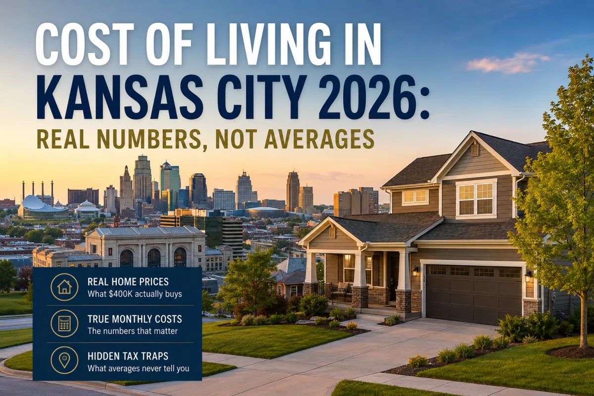 Kansas City skyline and a modern suburban home at golden hour with headline text about the 2026 cost of living in Kansas City, highlighting real home prices, monthly costs, and hidden tax traps.