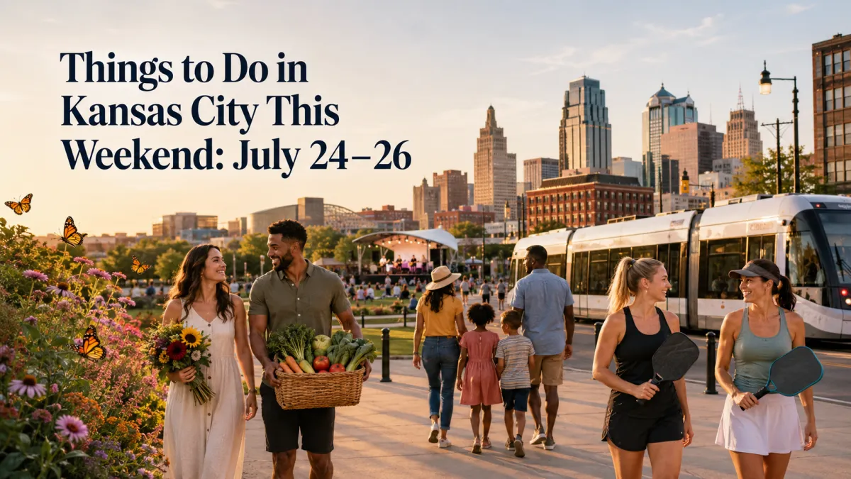 Summer weekend activities in Kansas City with the downtown skyline, KC Streetcar, River Market produce, live music, pickleball, families, flowers and butterflies.
