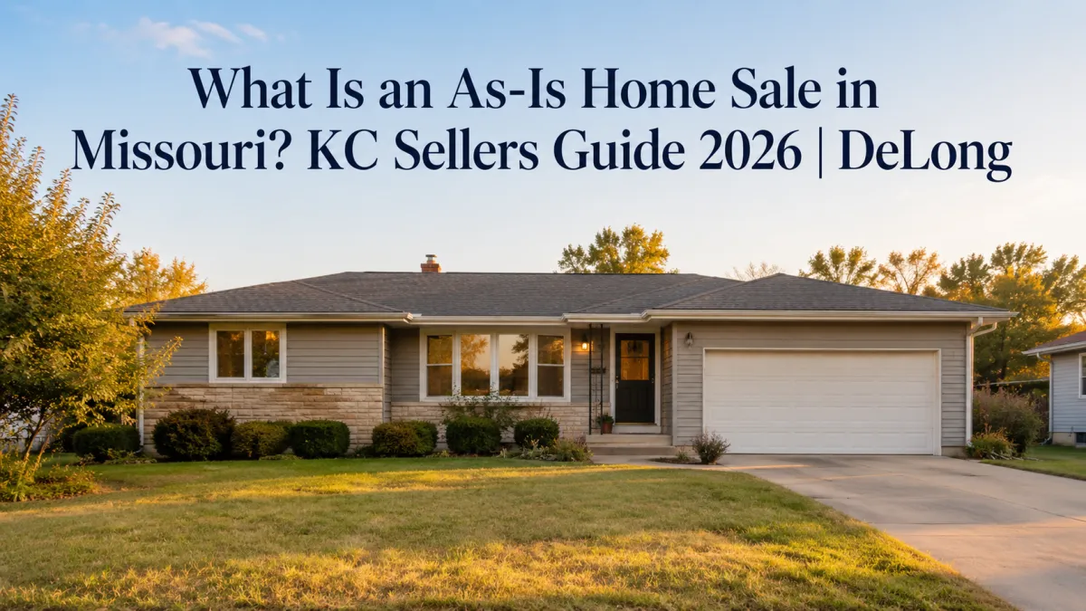 Single-story mid-century ranch home in a Kansas City neighborhood at golden hour with the headline, “What Is an As-Is Home Sale in Missouri KC Sellers Guide 2026  DeLong.”