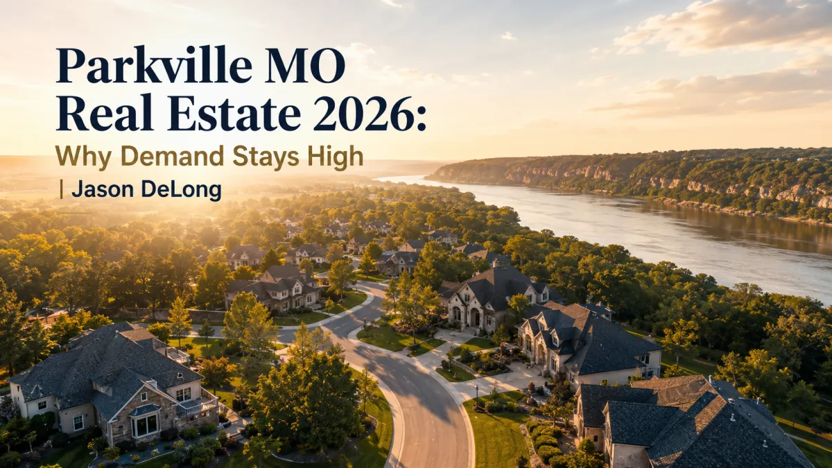 Aerial view of an upscale Parkville, Missouri neighborhood along the Missouri River at golden hour with luxury homes, mature trees, winding streets, and headline text about Parkville MO real estate in 2026 by Jason DeLong.