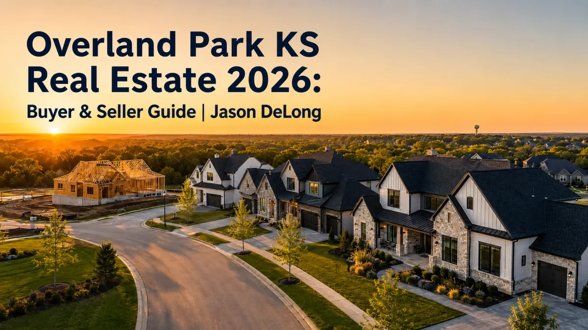 Aerial view of luxury Overland Park, Kansas real estate at golden hour, featuring finished modern homes, new construction, and the headline “Overland Park KS Real Estate 2026: Buyer & Seller Guide.