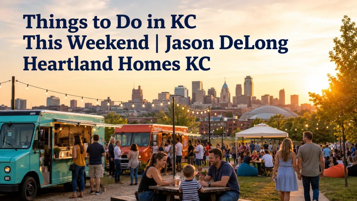 Kansas City skyline at golden hour overlooking a lively outdoor festival with food trucks, string lights, families, and couples enjoying weekend activities.