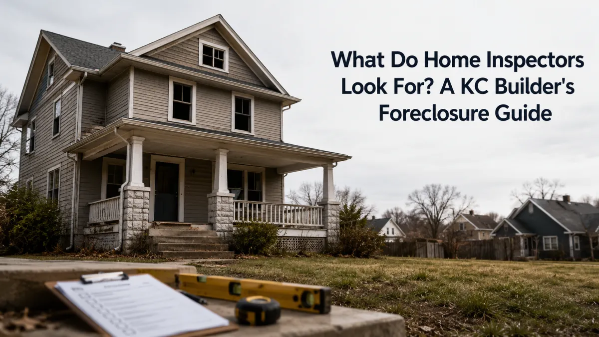 Vacant Kansas City two-story foreclosure home with inspection checklist, level, and tape measure in the foreground.