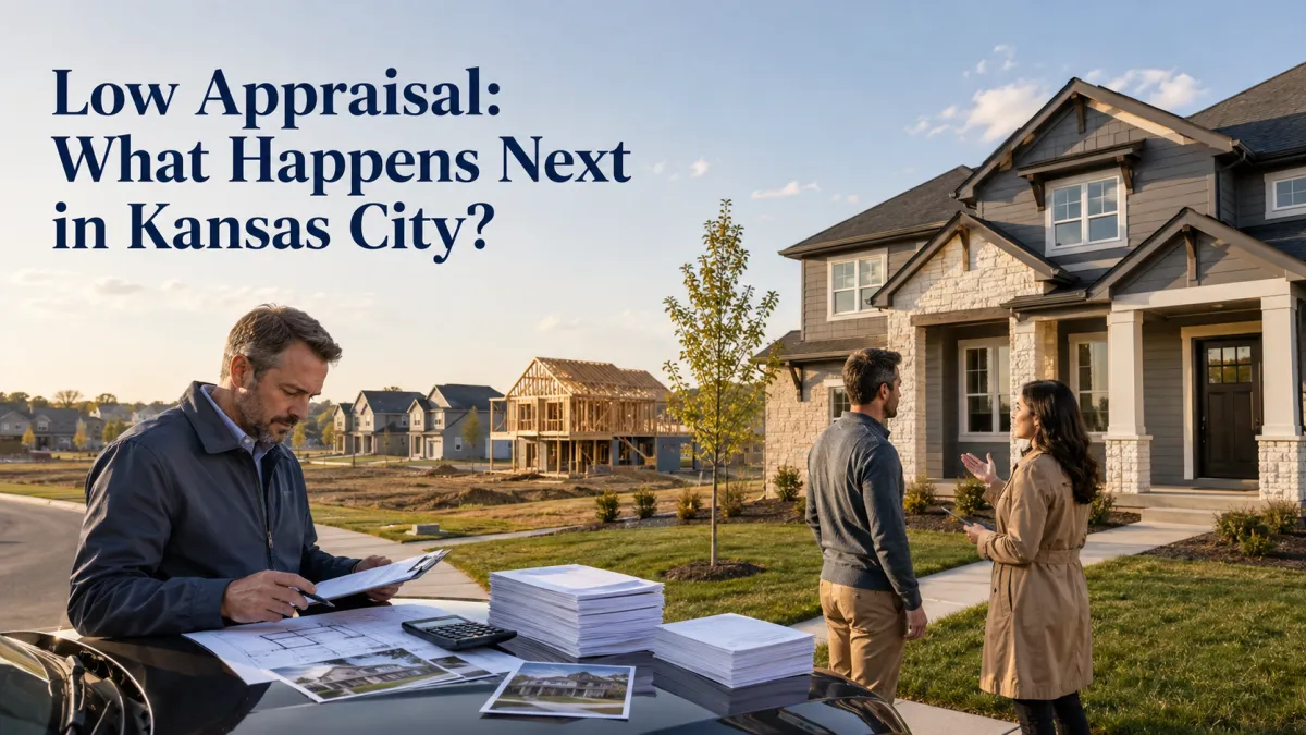 Kansas City appraiser reviews plans and comparable sales while a concerned buyer consults with a real estate advisor outside a newly built home.
