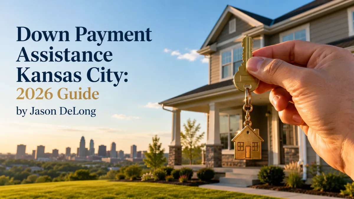 Hand holding brass house key in front of a modern Kansas City home at golden hour with skyline backdrop, promoting down payment assistance in Kansas City.