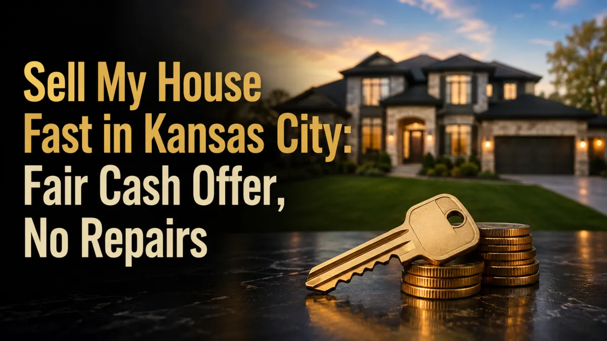 Brass house key resting on stacked gold coins with an upscale Kansas City home in the background, promoting a fast cash home sale with no repairs.