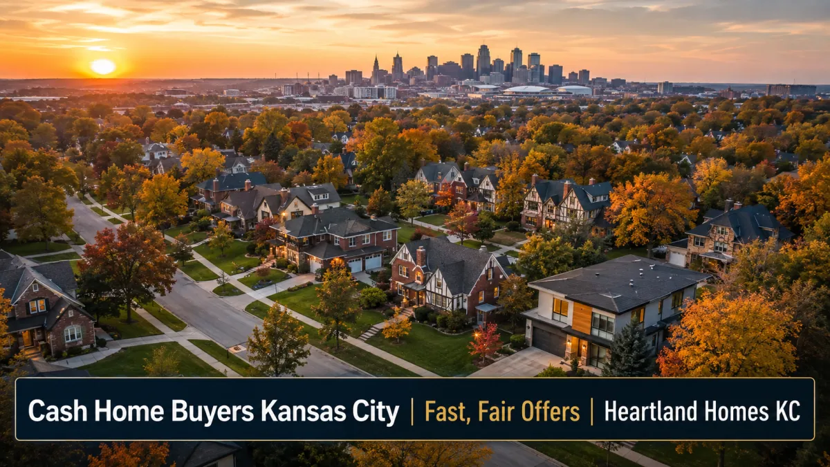 Kansas City neighborhood at golden hour with autumn trees, Midwestern homes and the downtown skyline, promoting fast, fair cash home offers from Heartland Homes KC.