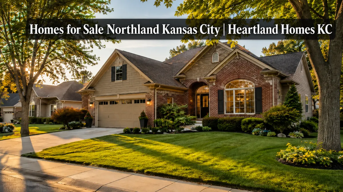 Kansas City Northland home for sale with brick and siding exterior, mature trees and landscaped lawn at golden hour, presented by Heartland Homes KC.