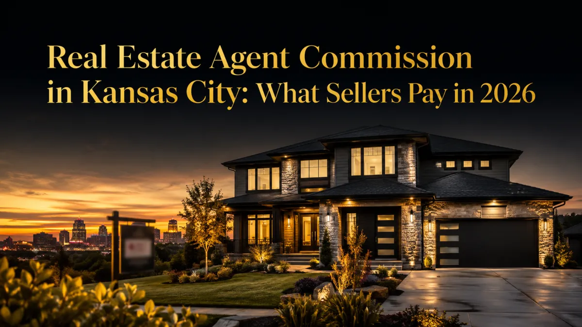 Modern Kansas City home at golden hour with warm interior lighting and a blurred real estate sign, featuring the headline “Real Estate Agent Commission in Kansas City: What Sellers Pay in 2026.”