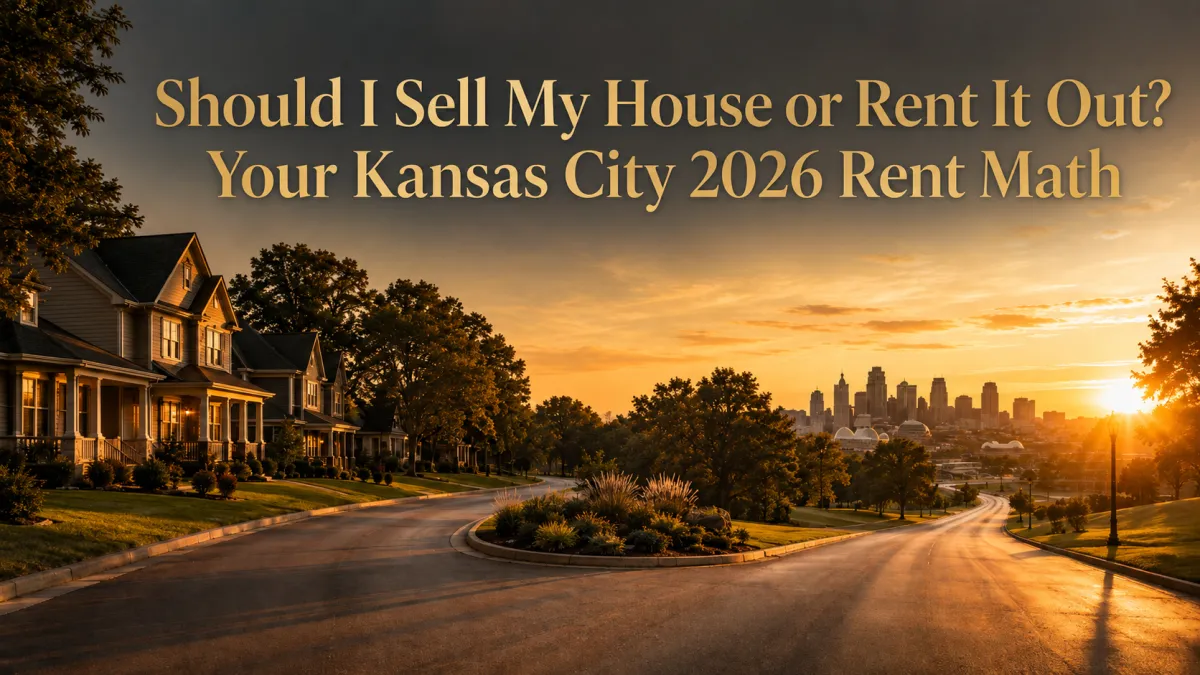 Blog cover image showing a forked suburban Kansas City street at golden hour, with family homes on one side and the downtown skyline on the other, illustrating the choice to sell a house or rent it out.