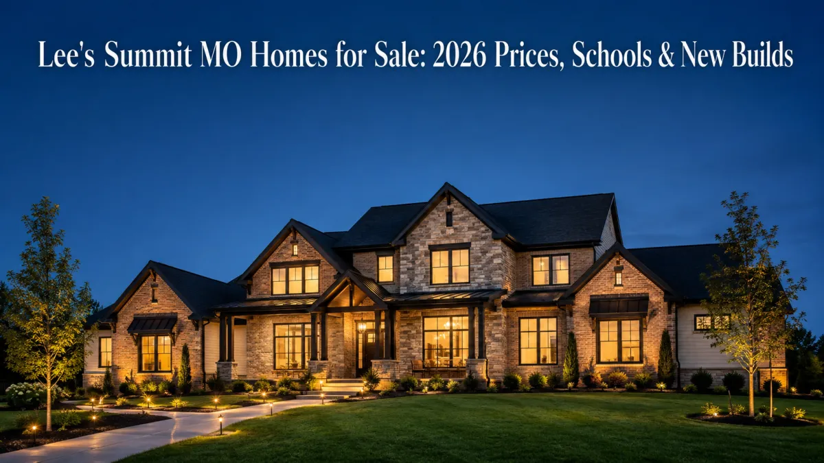 New construction two-story home for sale in Lee's Summit MO at twilight.