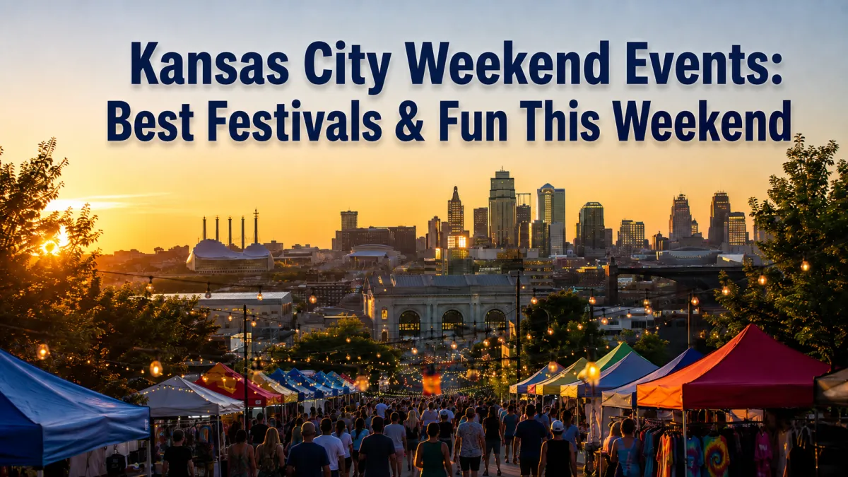Kansas City weekend events and summer festival with colorful vendor tents, string lights, crowds, and the downtown skyline at golden hour.