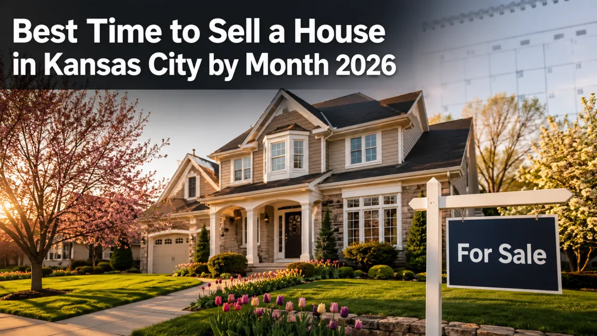 Kansas City suburban home for sale in spring with the headline “Best Time to Sell a House in Kansas City by Month 2026.”