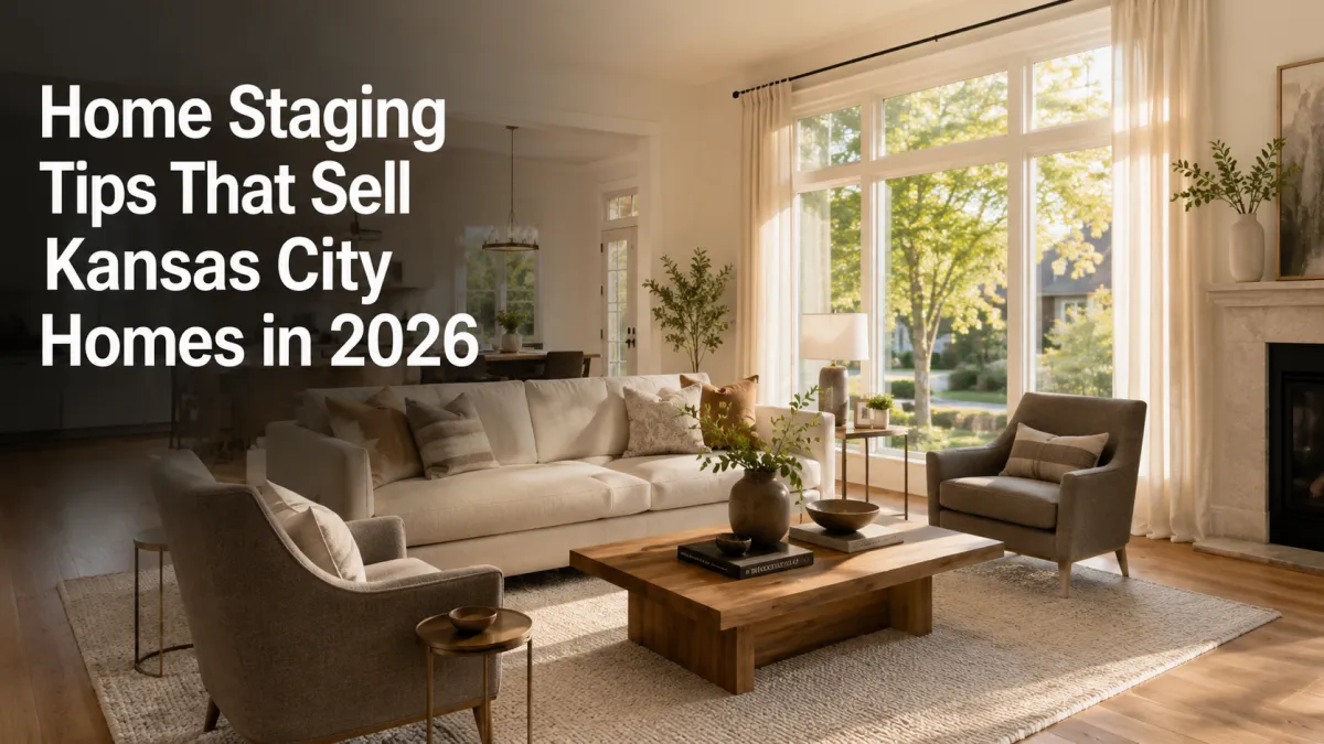 A beautifully staged Kansas City living room with a sofa, two accent chairs, neutral décor, and warm golden-hour sunlight.