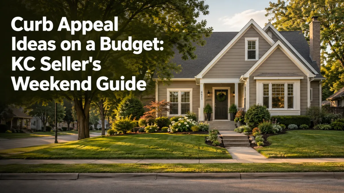 Charming Kansas City home with budget-friendly curb appeal, a manicured lawn, welcoming entry, and colorful landscaping at golden hour.