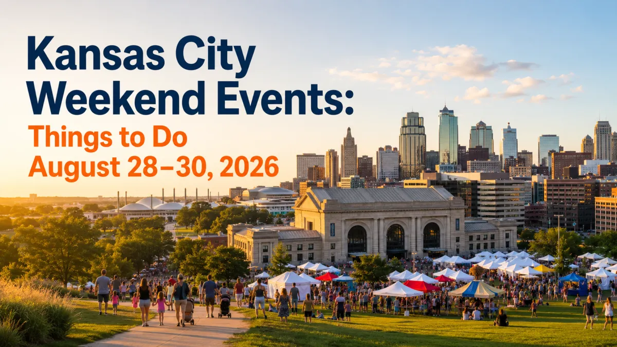Kansas City Weekend Events August 28–30, 2026, featuring the downtown skyline, Union Station, and families enjoying an outdoor festival.