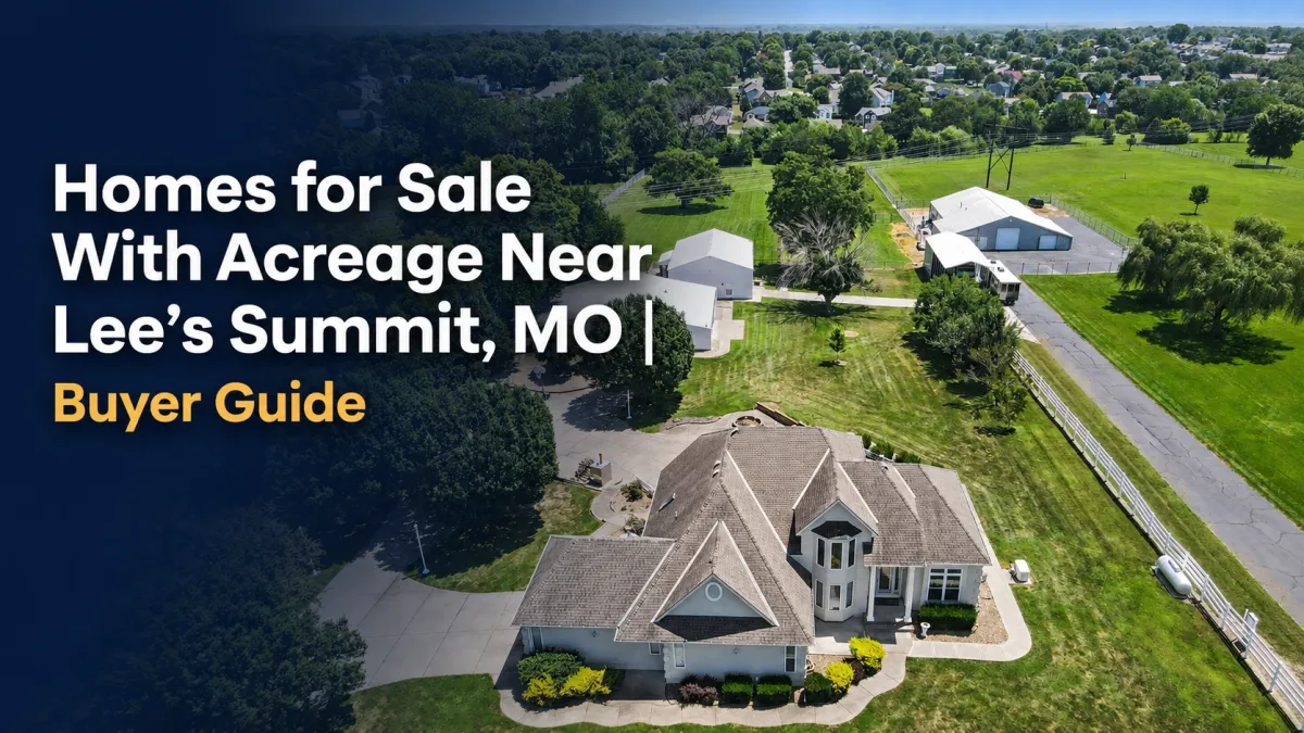Aerial view of a home with acreage and outbuildings near Lee’s Summit, Missouri, featured in a buyer guide for acreage properties.
