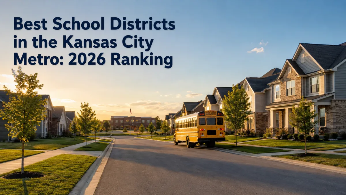 New-construction homes near a Kansas City metro school district with a school bus at golden hour.