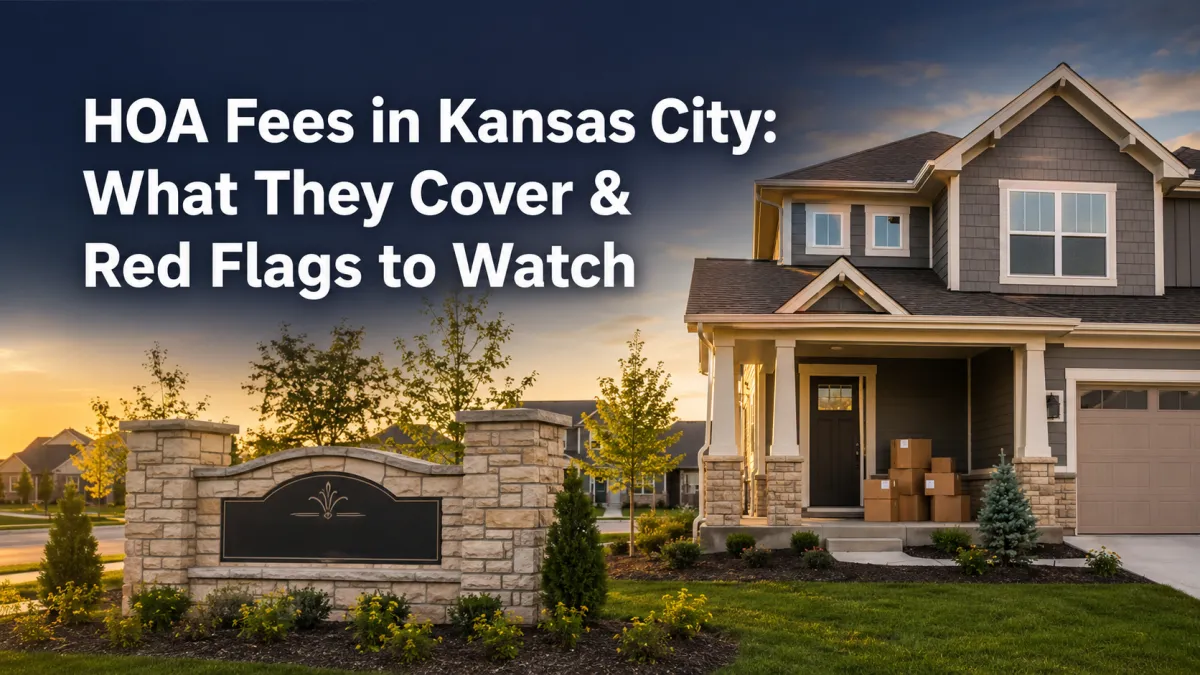 New two-story home in a Kansas City subdivision with moving boxes and HOA entrance monument at sunset.