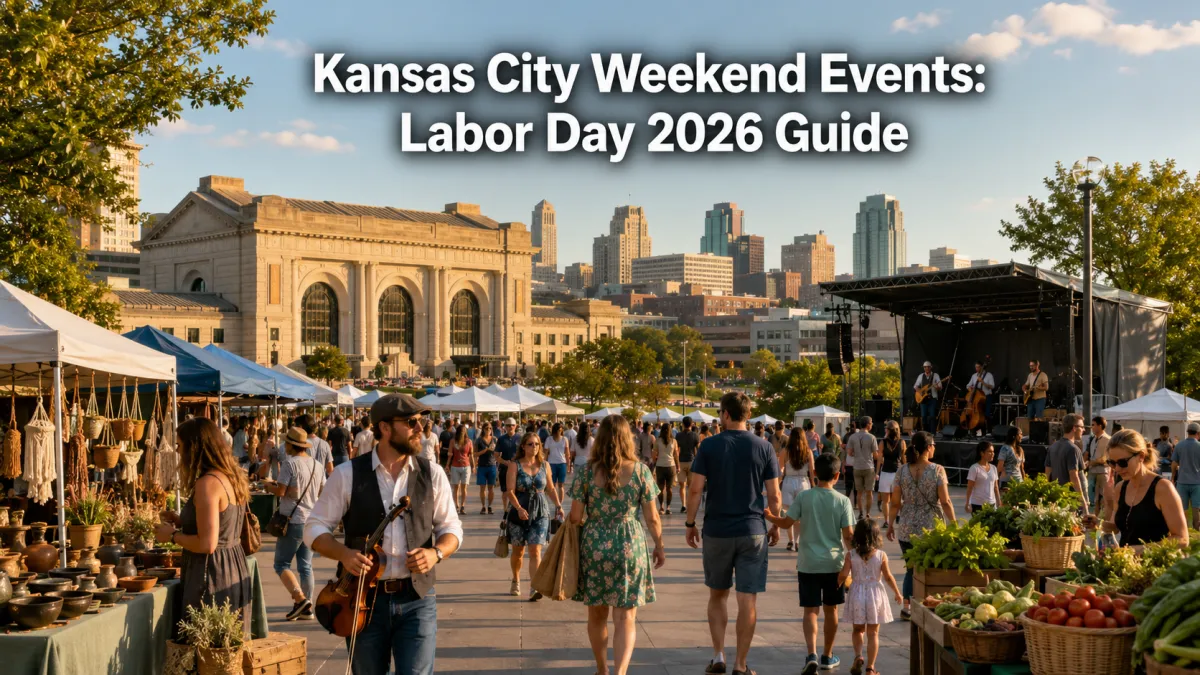 Kansas City Labor Day weekend festival near Union Station with local vendors, live music, families, and the downtown skyline.