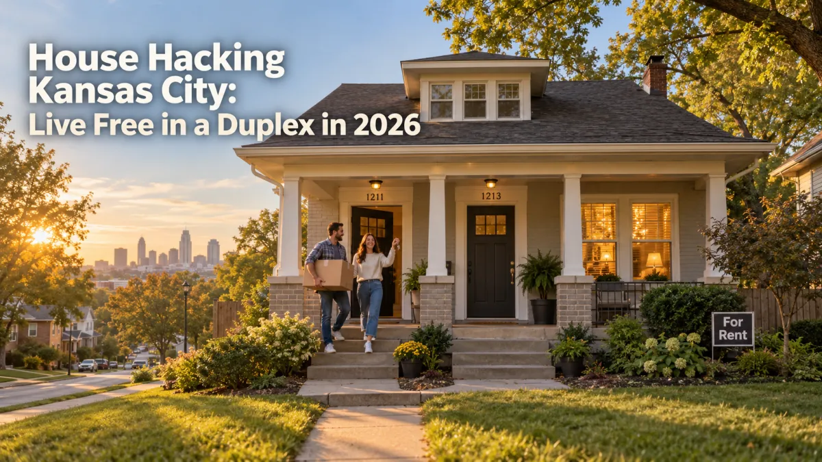 Couple moving into a Kansas City duplex with a second unit for rent and the downtown skyline in the distance.