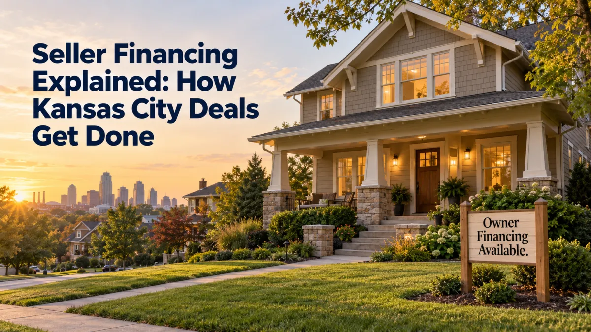 Kansas City craftsman home at golden hour with an Owner Financing Available sign and seller-financing headline.