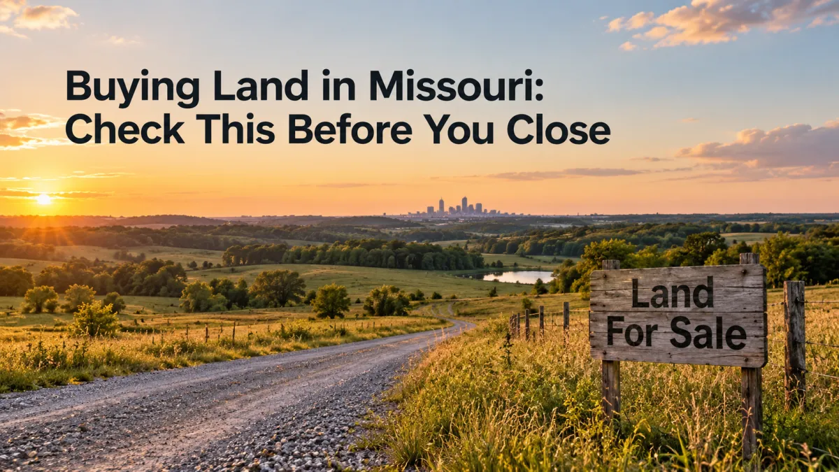 Rolling Missouri farmland at golden hour with a Land for Sale sign and the Kansas City skyline in the distance.