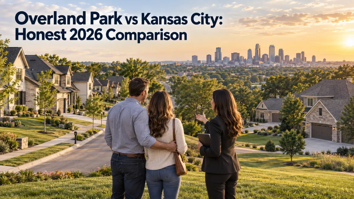 Couple and real estate agent comparing new-construction neighborhoods in Overland Park and Kansas City at sunset.