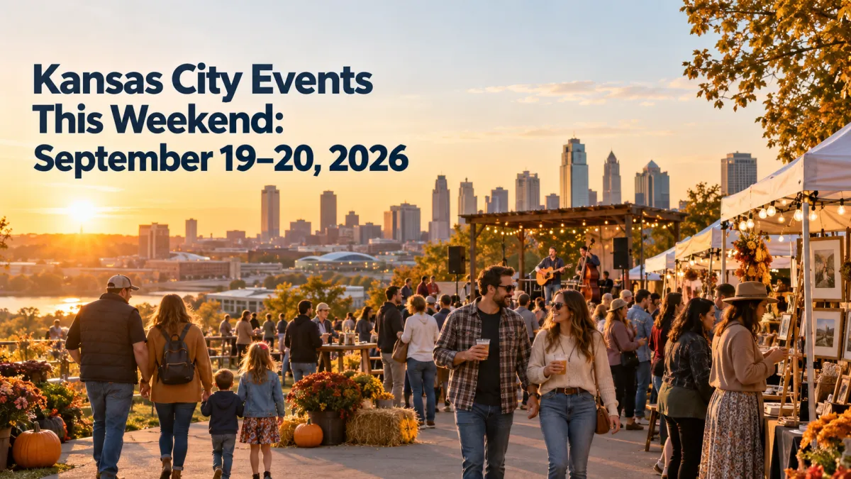 Families enjoying a Kansas City fall festival with local vendors, live music, and the downtown skyline at golden hour.